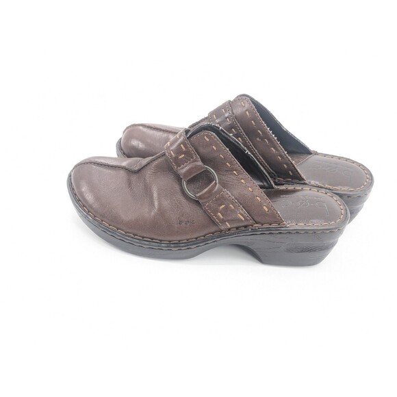 Born BOC Brown Leather Heeled Wedge Slip On Buckle Accent Mule Clog Shoes Size 9 - Picture 2 of 11